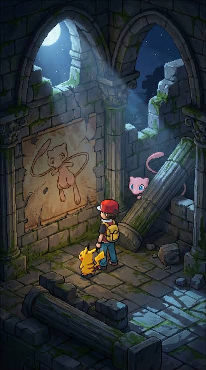 Pokémon trainer and Pikachu exploring ancient ruins beneath a Mew mural